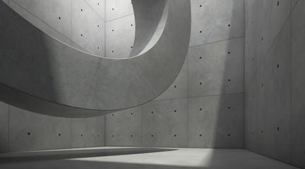 Abstract of architecture space with rhythm of circle concrete block and light and shadow of the sun,3D render
