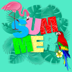 Summer banner with tropical berds, palm leaves and flowers background. Exotic 3d design for sale banner, flyer, invitation, poster, web site or greeting card. Paper cut out style, vector illustration.