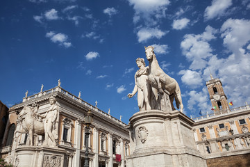 Fototapeta na wymiar Cordonata Capitolina and Dioscuri statues (Castor and Pollux) in the entrance to Capitoline Hill, Rome, Italy.