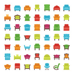 Armchairs, lounges & recliners. Flat icons. Vector illustration.