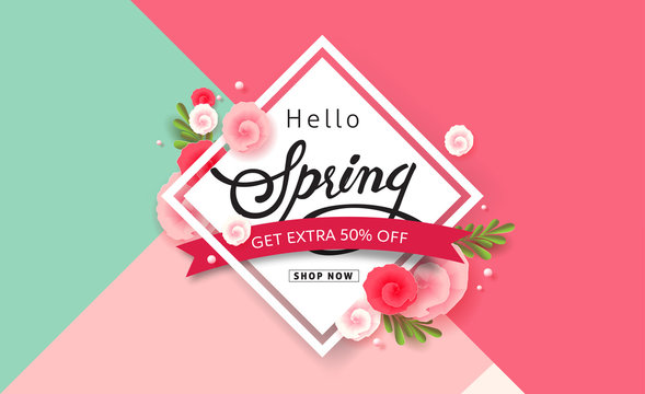 Spring sale background layout with beautiful colorful flower for banners,Wallpaper,flyers, invitation, posters, brochure, voucher discount.Vector illustration template.