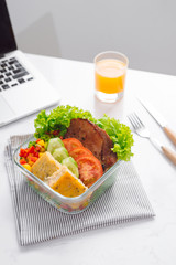 Food in the office. Healthy lunch for work.
