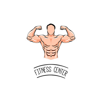 Bodybuilder with a mustache. Man with muscles. Fitness center.  Illustration.