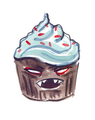 Chocolate cupcake monster with angry eyes and sharp teeth painted in watercolor on clean white background