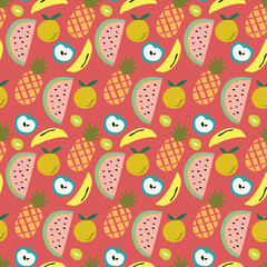 Pink background with fruits pattern of watermelon, pineapple, banana, apple, and kiwi. A playful, modern, and flexible pattern for brand who has cute and fun style. Repeated pattern.