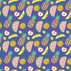 Foto auf Glas Blue background with fruits pattern of watermelon, pineapple, banana, apple, and kiwi. A playful, modern, and flexible pattern for brand who has cute and fun style. Repeated pattern. © Feilina Calorine