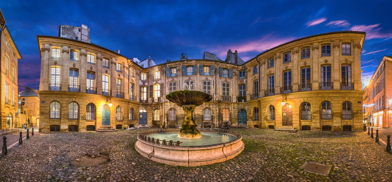 Aix-en-Provence, France. HDR panorama of Place D'Albertas square with old fountain at dusk