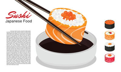 Vintage Sushi poster design with vector sushi character. Chinese word means sushi.