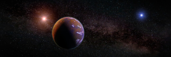 beautiful exoplanet, part of an alien binary star system with a red and blue star, science fiction scene (3d space illustration banner)