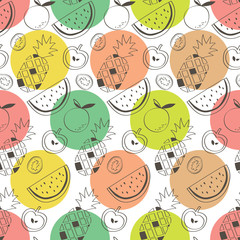 Colourful bullets with pineapple, watermelon, apple, kiwi, and orange. A playful, modern, and flexible pattern for brand who has cute and fun style. Repeated pattern.