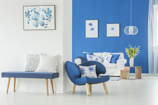 Modern blue bench and armchair