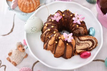 closeup of easter traditional marble ring cake on festive table top view