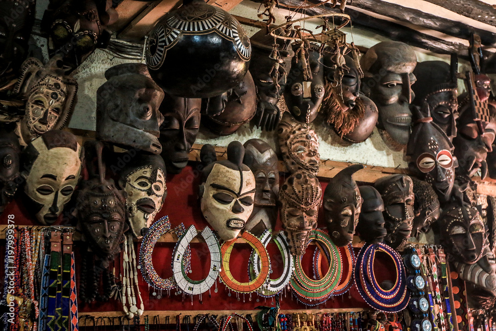 Wall mural african masks on the market in stone town, zanzibar, tanzania