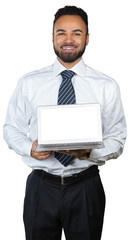Young Businessman Holding Laptop Over White Background
