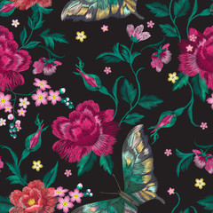Embroidery trend floral seamless pattern with roses and exotic butterflies. Vector traditional folk flowers decor on black background for clothing design. - 198001102