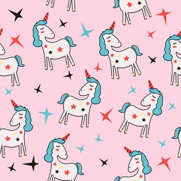 Cute seamless pattern with cartoon unicorns and stars. Vector kids background.