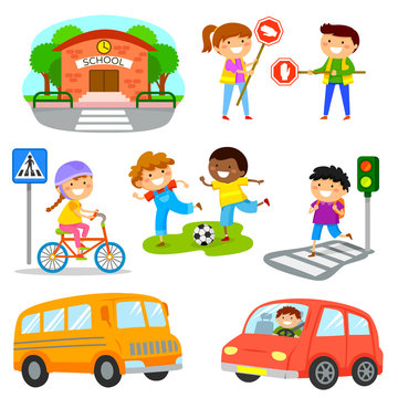 Set of cute cartoon kids and objects related to road traffic safety