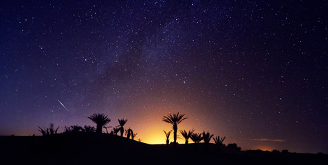 Naklejka na ściany i meble Morocco Sahara desert starry night sky over the oasis. Travelling to Morocco. Glow over the palm trees of the oasis. Billions of stars in the night sky, milky way. Panoramic photo