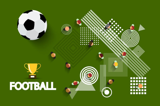Vector Football - Soccer Playground with Ball and Gold Cup. Aerial Field View with Abstract Shapes on Ground