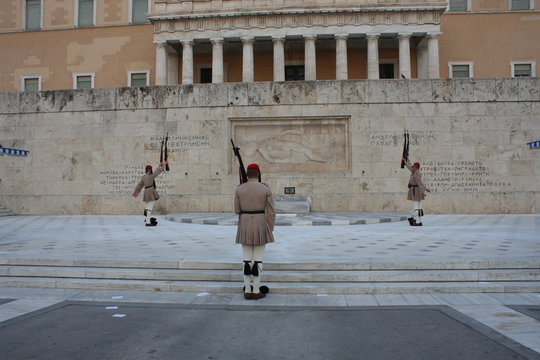 Close up image of Evzoni soldier, ceremonial guard in front of Greek parliament - Athens.