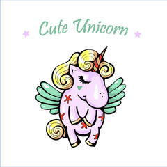 Vector cute illustration with pegasus, isolated. Lettering from unicorns. Cute unicorn