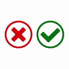 Check mark icon signs vector illustration. Yes or no, right and wrong flat design version of check mark buttons. Red cross mark and tick check mark in the circle contour isolated on white background.