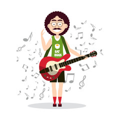 Funky Man Playing on Retro Guitar with Notes on Background. Crazy Guitarist Vector.