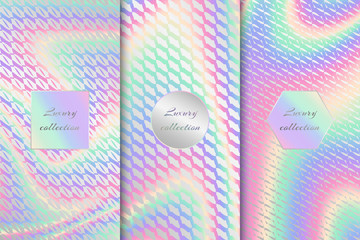 Set of vector backgrounds with bright holographic textures for luxury packaging design. Multi-colored backdrop for luxury projects