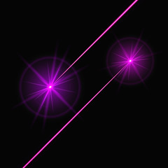 Purple laser beams shine on a black background. Bright vector light effect with pink lines