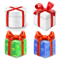 Set of colorful and white gift boxes with red bows and ribbons. Vector realistic illustration.