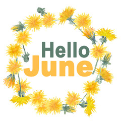 Watercolor dandelion wreath, Hello June