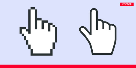 White pointer index finger pixel and no pixel modern hand cursors sign icons vector illustration set isolated on gray background. Pixel and no pixel modern version of cursors. 
