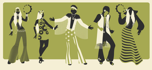 Group of five wearing hippie clothes of the 60s and 70s dancing - obrazy, fototapety, plakaty