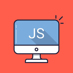 Computer with JS word on screen. Javascript scripting language. Web development, create js script, coding, learning concepts. Simple line icon. Modern long shadow flat design vector illustration