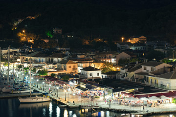 Panorama of the center of the town of Sivota in Greece at night.