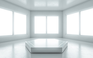 Podium in the middle of the empty room with window for presentation. 3d illustration