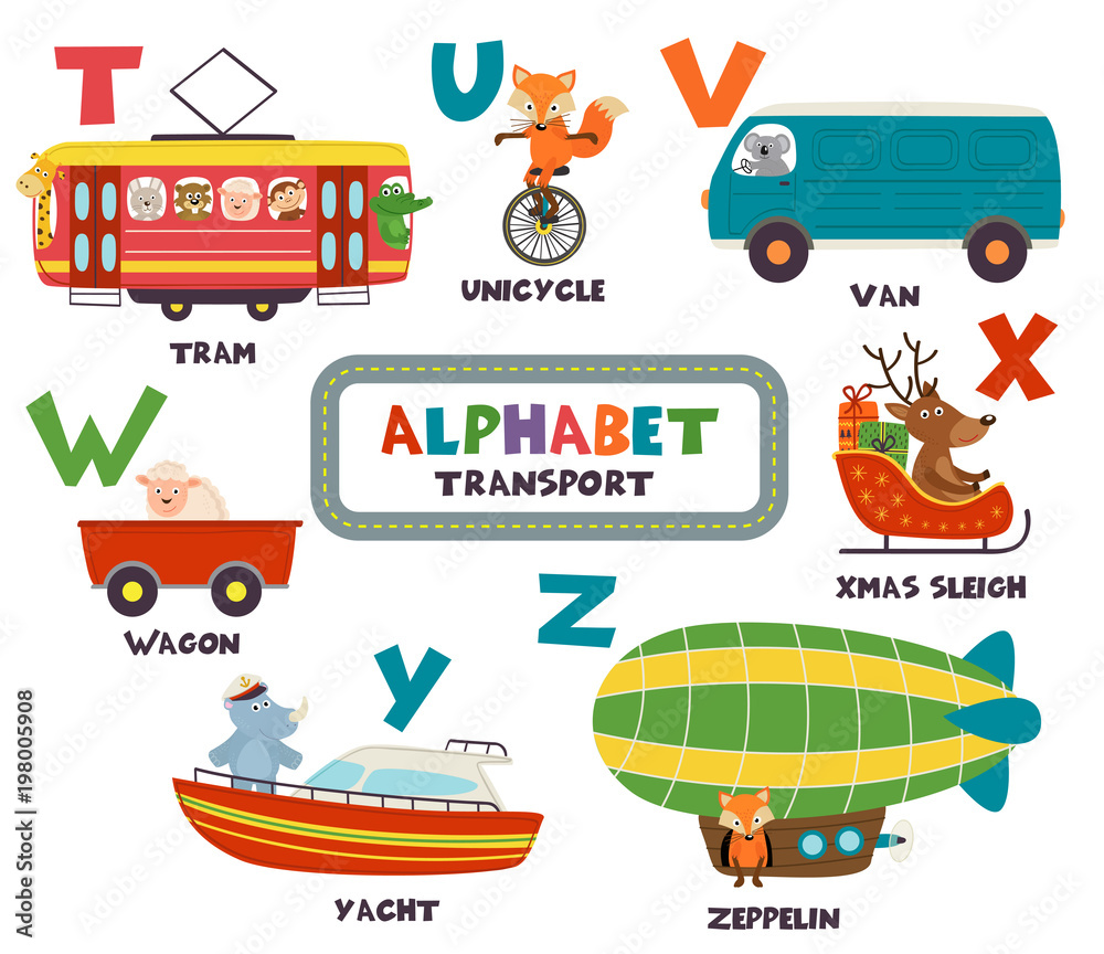 Wall mural alphabet with transport and animals T to Z - vector illustration, eps
