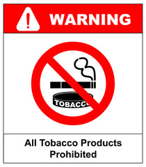 All Tobacco Products Prohibited Icon. No Smoking Sign. Vector illustration isolated on white background. Warning Forbidden Symbol, Black pictogram in red circle