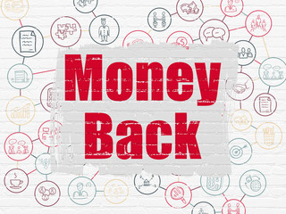 Business concept: Painted red text Money Back on White Brick wall background with Scheme Of Hand Drawn Business Icons