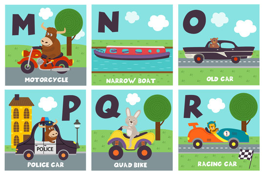 alphabet card with transport and animals M to R - vector illustration, eps

