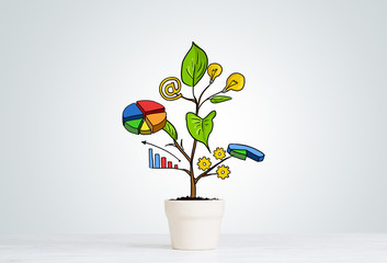 Drawn income tree in white pot for business investment savings and making money