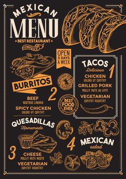 Mexican restaurant menu. Vector food flyer for bar and cafe. Design template with vintage hand-drawn illustrations.
