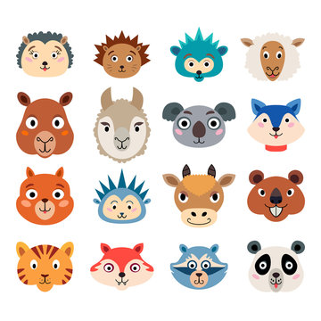Set of cartoon cute baby animal faces isolated