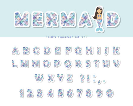 Mermaid scale font. For birthday cards, posters. Vector illustration