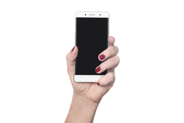 Female hand with red finger nails holds new modern smartphone with blank black screen - concept mobile communication young fresh lifestyle cellphone - isolated on white background with copy space