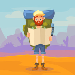 Cute tourist male character holding a map. Hiking tourist man with large backpack in the background of a mountain landscape. Vector illustration in cartoon style