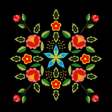 Polish folk pattern vector. Floral ethnic ornament. Slavic eastern european print. Square flower design for gypsy pillow case textile, bohemian silk scarf bandana, fashion embroidery, boho poster.
