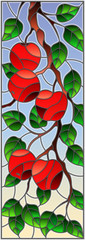 Illustration in the style of a stained glass window with the branches of Apple trees , the fruit branches and leaves against the sky,vertical orientation