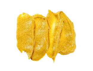 Yellow mustard sauce, spread isolated on white background, top view