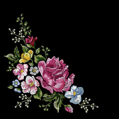 Embroidery traditional floral pattern with rose and violets. Vector embroidered elements with flowers for wearing design. - 198010569